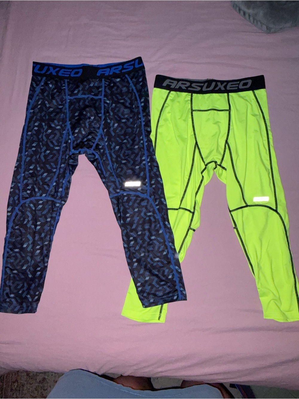 ARSUXEO Men’s Compression Pants - Blue and Neon Green